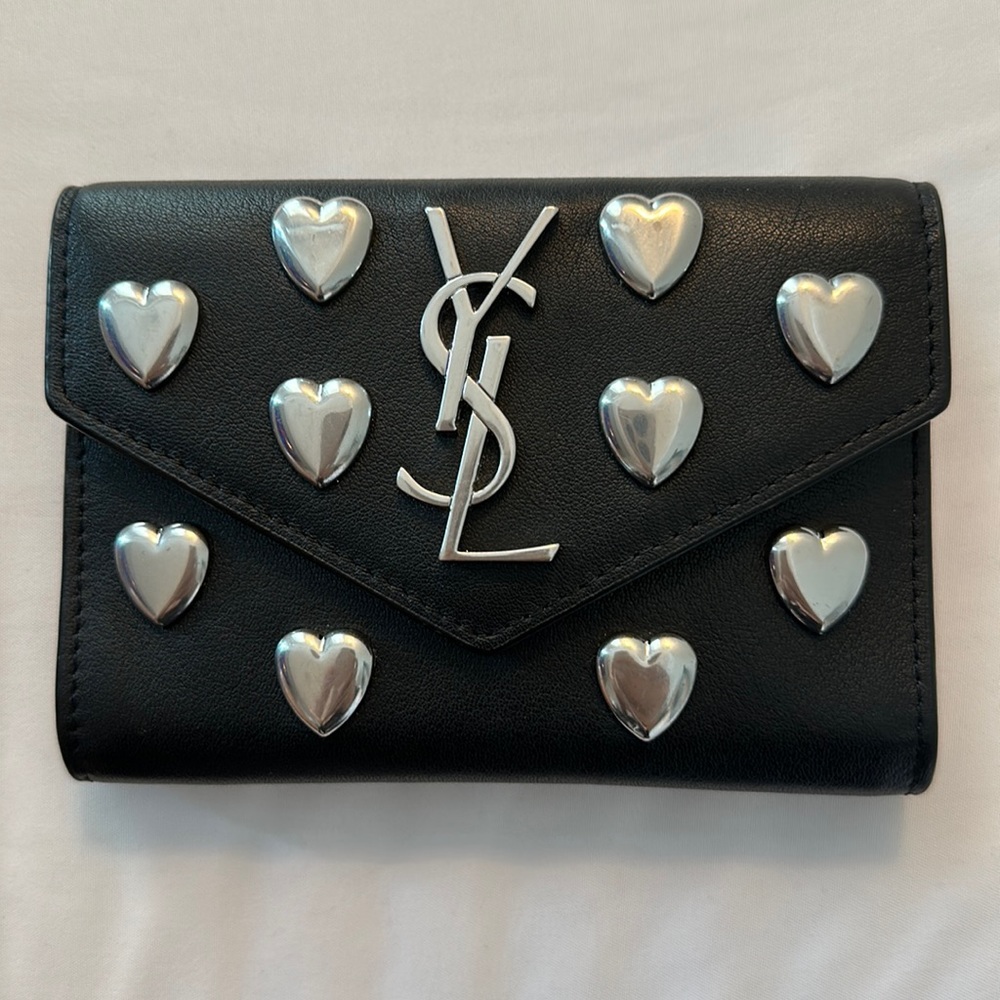 SAINT LAURENT Calfskin Heart Studded Small Envelope
